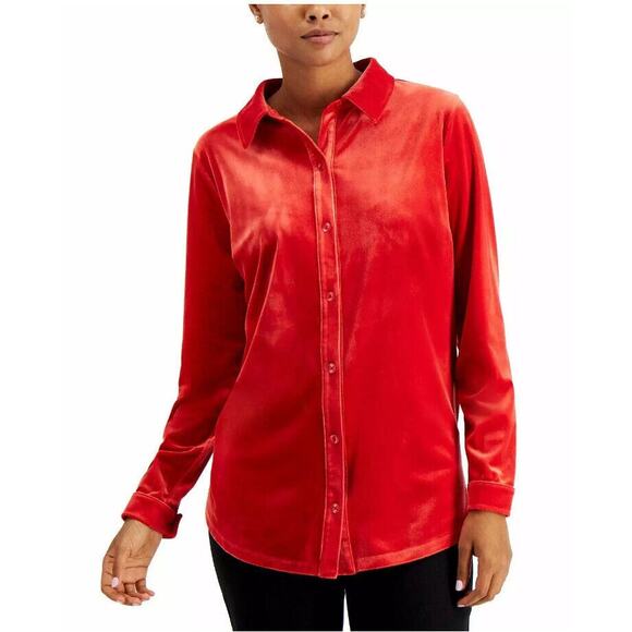 Charter Club Velour Shirt XL Ravishing Red Velvet Womens Button Down Long Sleeve - Picture 3 of 12